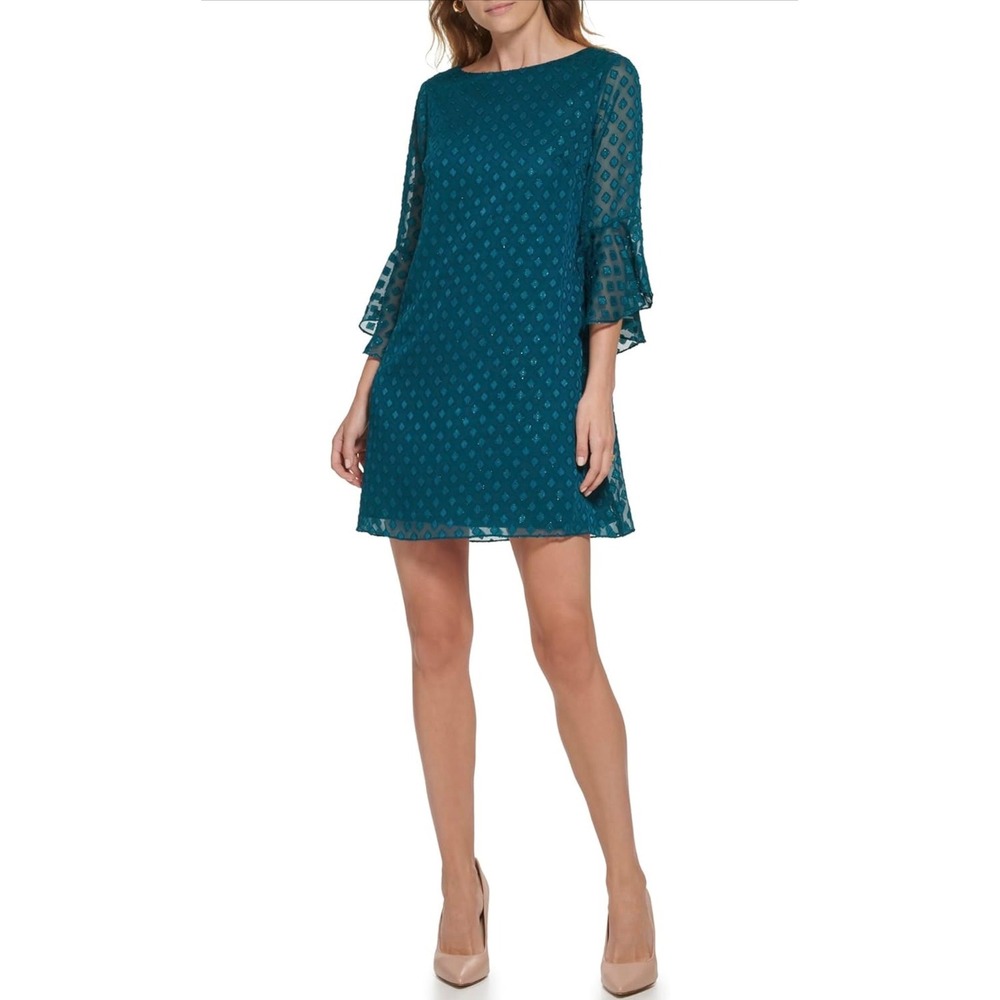 Jessica Howard Shift Dress Womens 10 Teal Blue Diamond Clip Dot Bell Sleeve‎